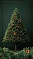 Festive evergreen tree adorned with decorations and flowers set against a dark green background for holiday celebrations photo