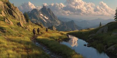Hikers explore a scenic mountain trail during golden hour with reflections in a peaceful stream photo