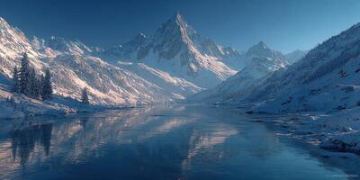 Majestic snowy mountains reflect in a serene lake during twilight in a winter wonderland landscape photo