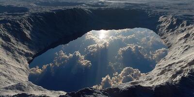 Deep crater on an alien landscape reflecting clouds and sunlight during a quiet moment of exploration photo