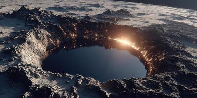 Unique crater on the lunar surface reflecting sunlight with a serene pool of water photo