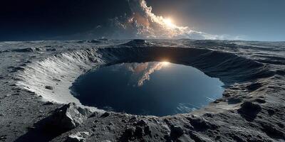 Breathtaking lunar landscape featuring a reflective crater and a cosmic background at sunrise photo