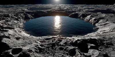 Moon surface with a reflective pool under lunar sunlight at dawn photo