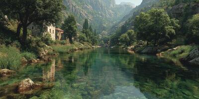 Clear river flowing through serene mountains with lush vegetation and rustic structures in a peaceful natural setting photo