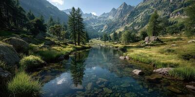 Serene mountain landscape with clear river reflecting trees and peaks in daylight photo