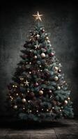 Elegant Christmas tree adorned with ornaments and lights for a festive celebration in a cozy indoor setting photo