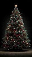 Festively decorated Christmas tree adorned with colorful ornaments shining brightly at night photo