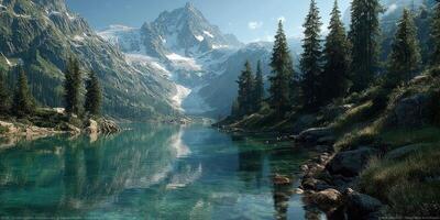 Mountain landscape with a serene lake, tall pine trees, and snow-capped peaks under a clear blue sky photo