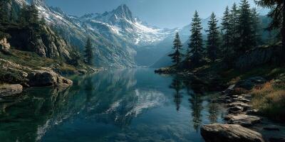 Mountain lake reflecting majestic peaks under clear sky with evergreen trees lining the shore photo