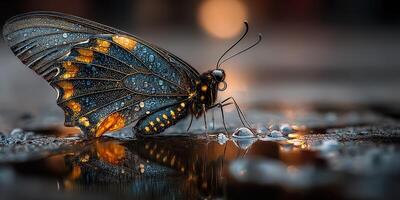 Colorful butterfly resting on wet surface with dew drops reflecting light in evening photo