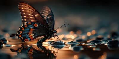 Vibrant butterfly perched on a rock beside rippling water at sunset in a tranquil natural setting photo