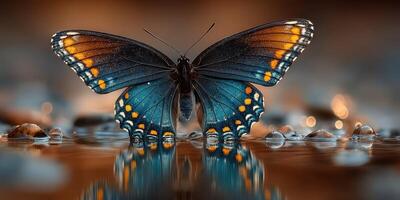 Beautiful butterfly perched on wet surface reflecting calm surroundings during early morning hours photo