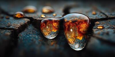 Reflection of vibrant colors in droplets on cracked surface during early morning light photo