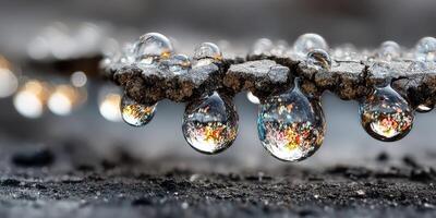 Water droplets cling to textured surface showcasing intricate reflections and natural beauty after rainfall photo
