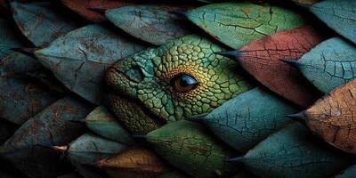 Colorful reptile camouflaged among vibrant leaves during daytime in a lush habitat photo