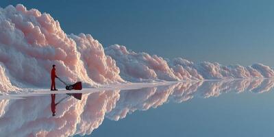 Snowy landscape features a lone figure clearing snow amidst pastel-colored clouds at dawn photo