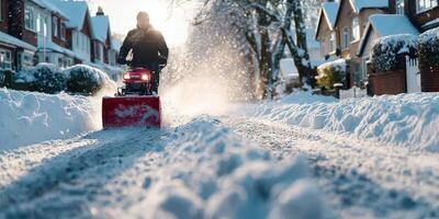 Snow removal on a residential street in winter with a snow blower clearing the driveway during daylight hours photo