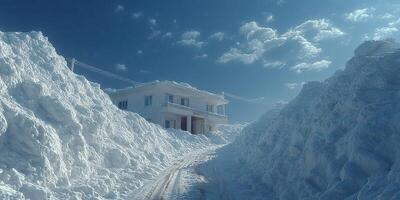 Heavy snowfall creates towering drifts near a house on a winter afternoon in a quiet neighborhood photo