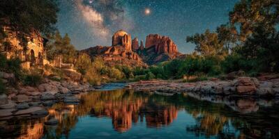 Starlit reflection over a serene river near iconic rock formations in a tranquil natural setting photo