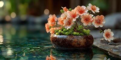 Ornamental flowers in a tranquil water setting enhance the serenity of a beautiful garden space photo