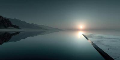Serene sunset reflected on calm waters near distant mountains at twilight photo