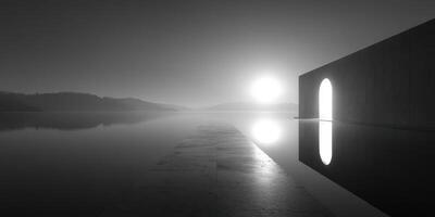 Sunrise reflects on calm waters near minimalist structure surrounded by nature at dawn photo