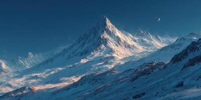 Majestic snow-covered mountain peaks under a clear starry sky at dusk photo