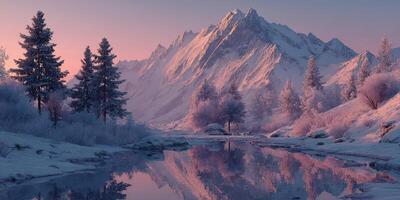 Winter landscape with snow-covered mountains and a tranquil river at dawn photo