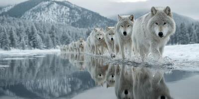 Pack of wolves navigates a snowy riverbank during winter in a forested mountainous region photo