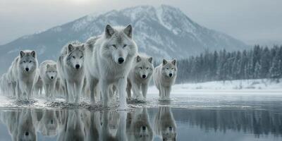 Herd of white wolves crossing a frozen lake with mountains in the background during winter photo