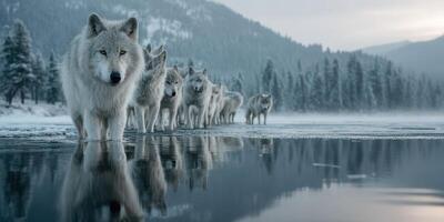Pack of wolves walking on icy water in a serene winter landscape at dawn photo