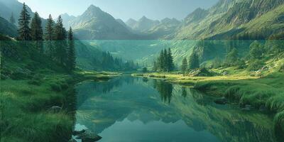 Serene mountain landscape with reflective lake and lush greenery during early morning light photo