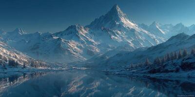 Majestic snow-capped mountains reflect in a serene lake during twilight hours in a tranquil winter landscape photo