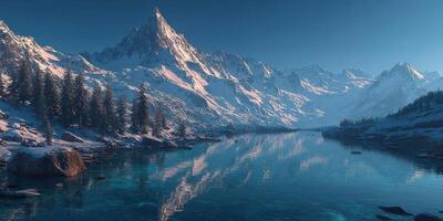 Majestic mountain peaks reflecting in tranquil blue lake during dawn photo