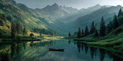 Serene landscape featuring a calm lake surrounded by mountains and lush greenery in the early morning light photo