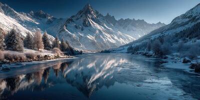 Majestic winter landscape with snow-capped mountains and tranquil lake at dusk photo