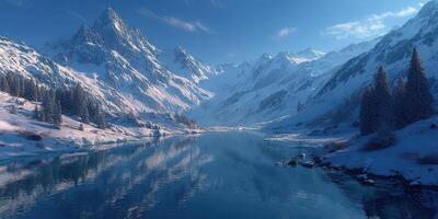 Snow-covered mountains reflect in calm lake under clear blue sky during winter afternoon photo