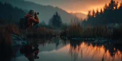 Capturing beauty at dawn near a tranquil lake surrounded by mountains and trees during the early morning light photo