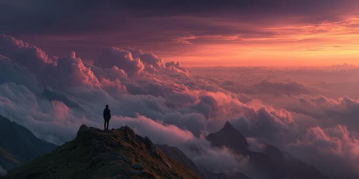 Stunning sunset view from mountaintop with hiker overlooking clouds in vibrant colors photo