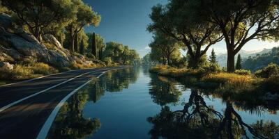 Serene riverside road surrounded by lush trees and calm water at dawn in a tranquil countryside landscape photo
