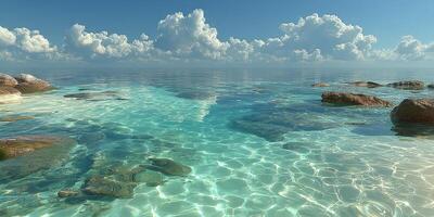 Clear turquoise waters with rocky shore under a bright blue sky and fluffy clouds photo