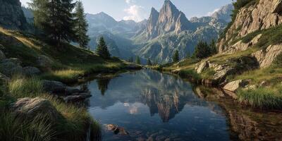 Stunning mountain reflection in a tranquil lake surrounded by lush greenery and towering peaks during a clear day photo