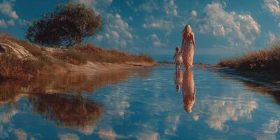 Mother and child walking along a reflective water pathway at sunset near the ocean photo