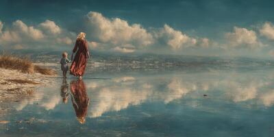 Mother and child walking along a serene lake under a cloudy sky, capturing a peaceful moment in nature photo