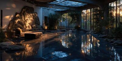 Modern interior design featuring a serene indoor landscape with natural elements and soft lighting photo