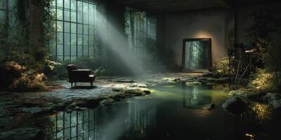 Abandoned room with sunlight streaming through windows illuminating greenery and reflections in still water photo