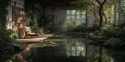 Serene indoor garden with tranquil water features and natural light in an abandoned space photo