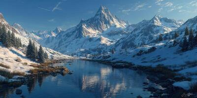 Majestic mountain landscape with a serene river and snow-covered peaks during a clear day photo