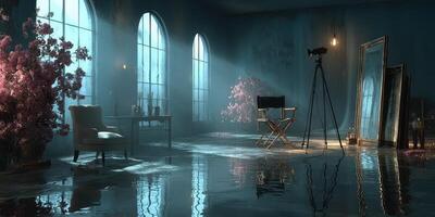 Stylish studio with dramatic lighting and reflections in a serene interior setting photo