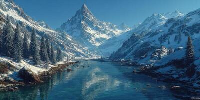Snow-capped mountain landscape with a serene river under a clear blue sky in winter photo
